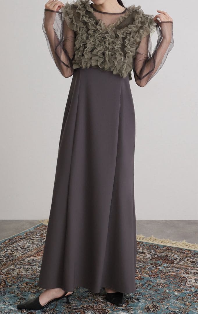 オケージョンドレス　ブラウン　シアー　キャミワンピース　ロング