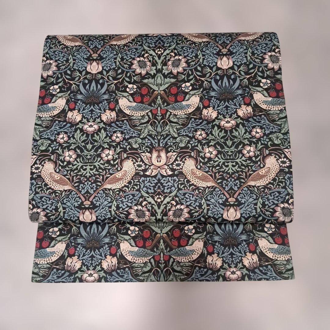 開き名古屋帯　ウィリアムモリス　いちご泥棒　エメラルド×アネモネ　　リバーシブル