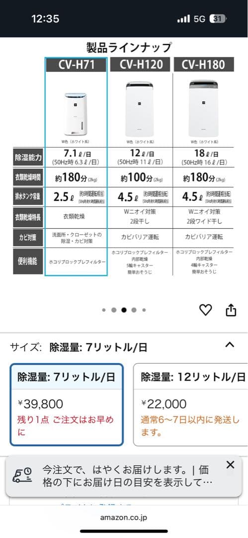SHARP 除湿機 CV-H71 2019年製