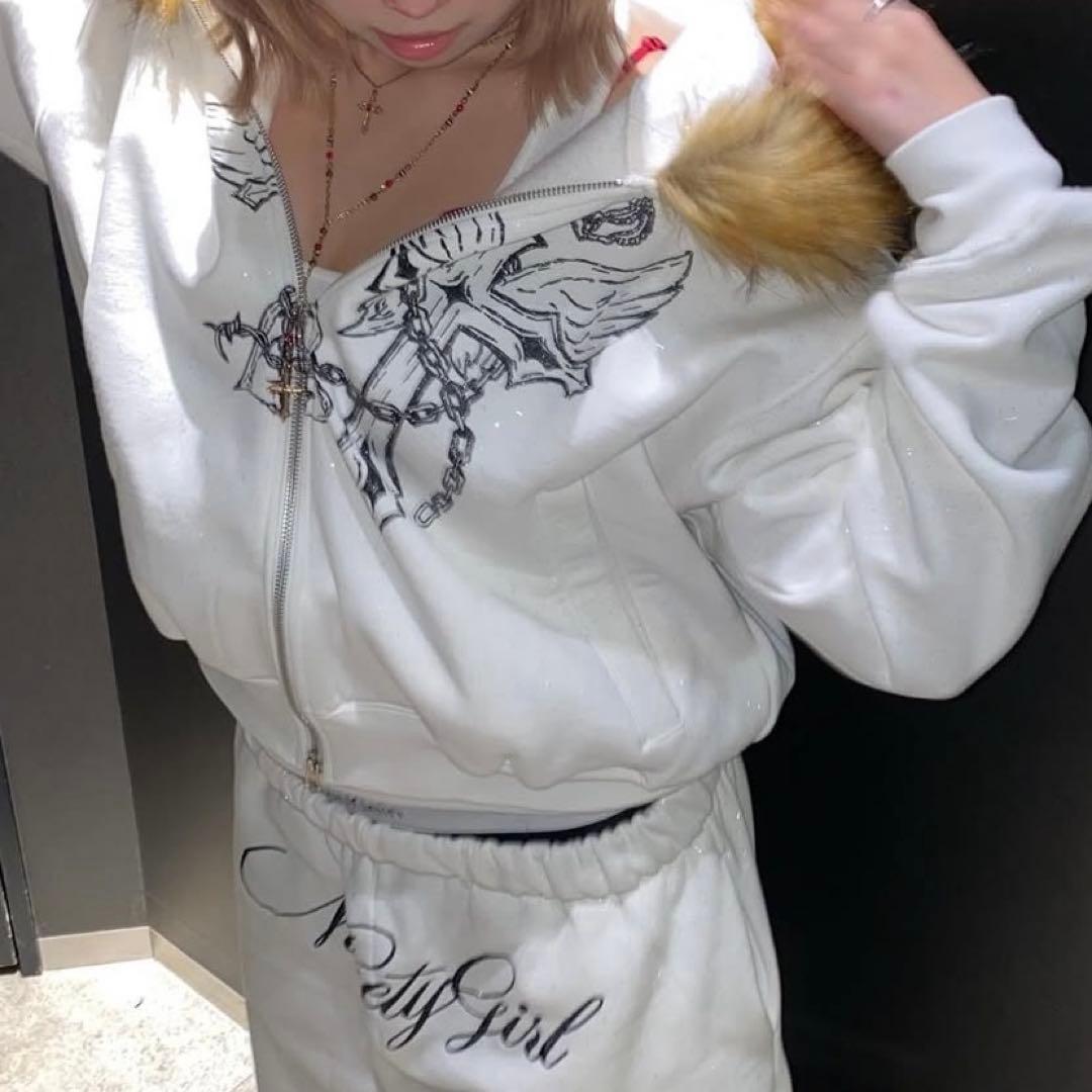 トップス 9090 Cross Logo glitter Fur Zip Hoodie