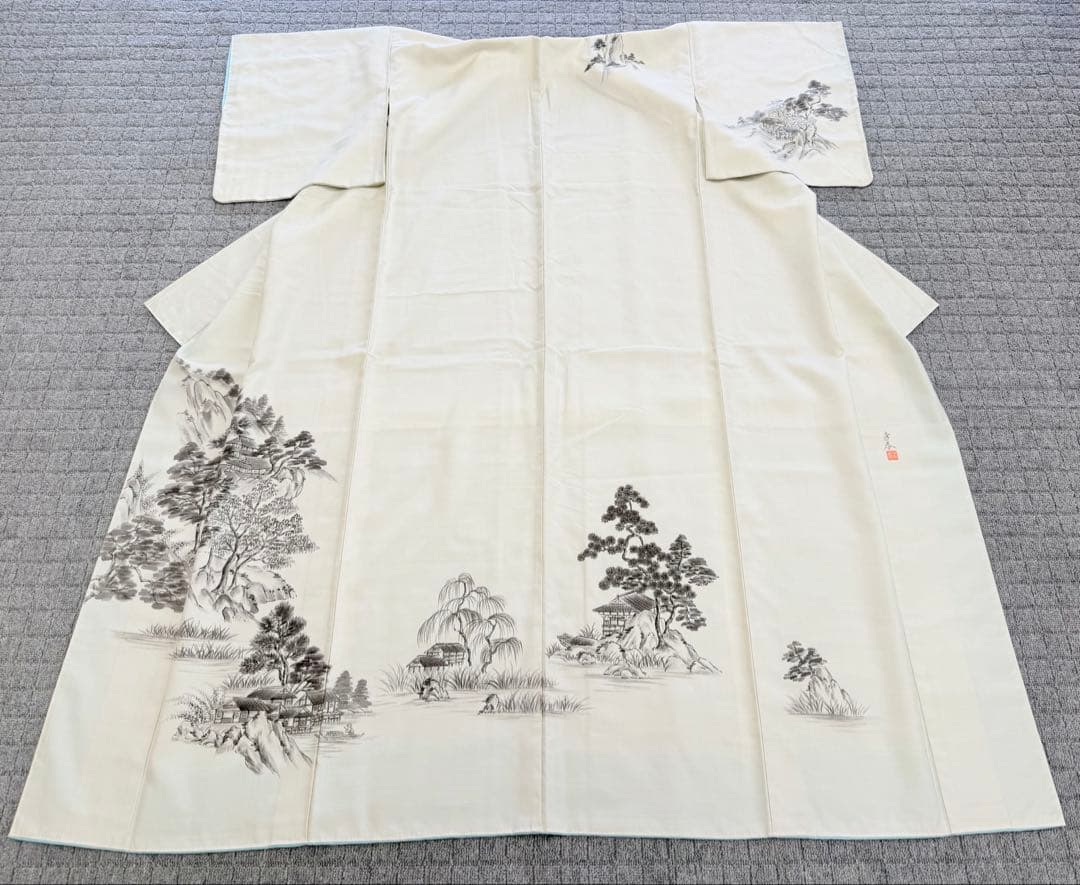 高級 訪問着 生紬 大和紬 ホワイト 水墨画 家屋 フォーマル