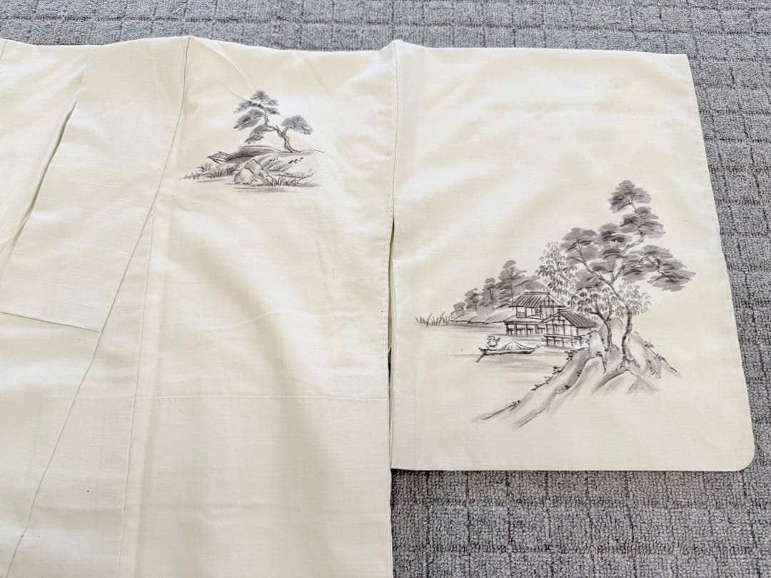 高級 訪問着 生紬 大和紬 ホワイト 水墨画 家屋 フォーマル
