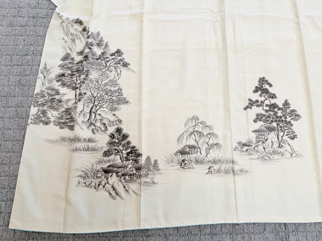 高級 訪問着 生紬 大和紬 ホワイト 水墨画 家屋 フォーマル
