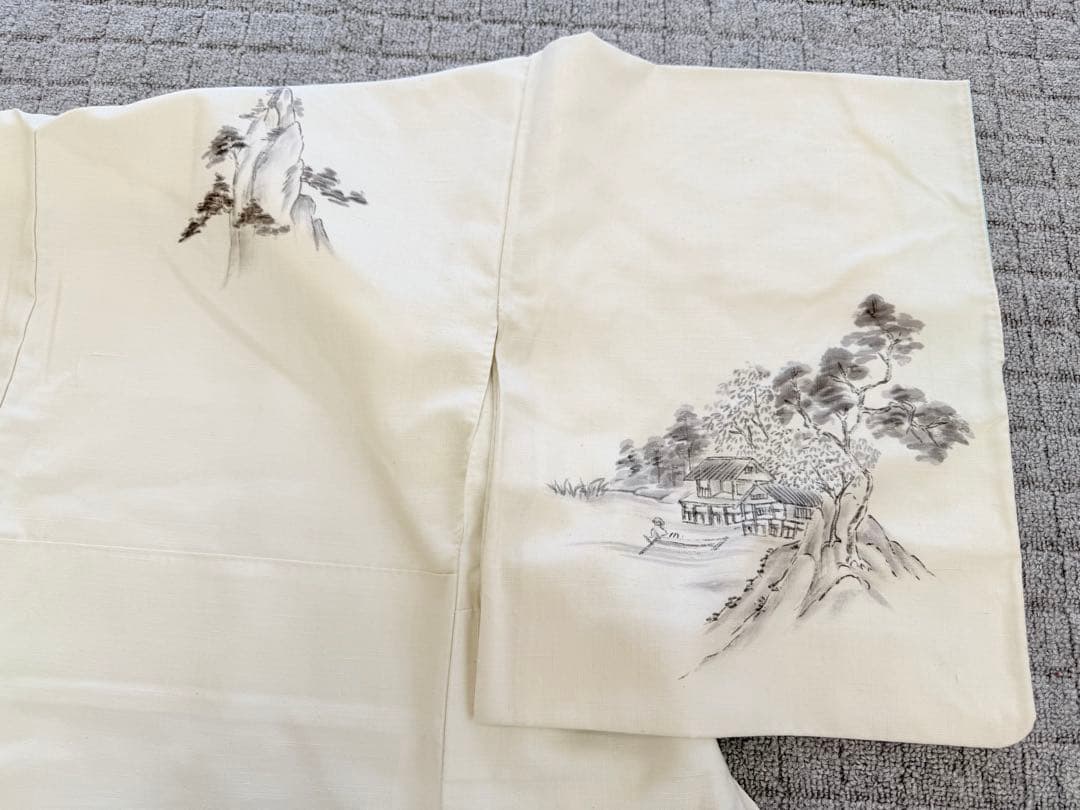 高級 訪問着 生紬 大和紬 ホワイト 水墨画 家屋 フォーマル