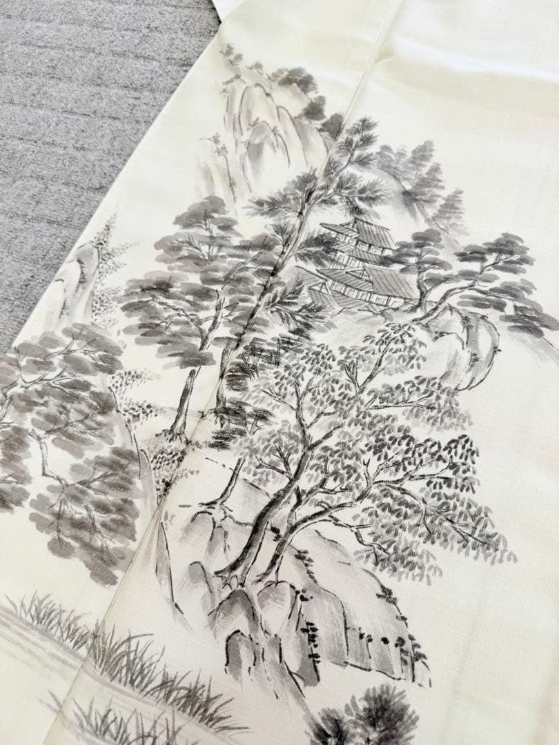 高級 訪問着 生紬 大和紬 ホワイト 水墨画 家屋 フォーマル