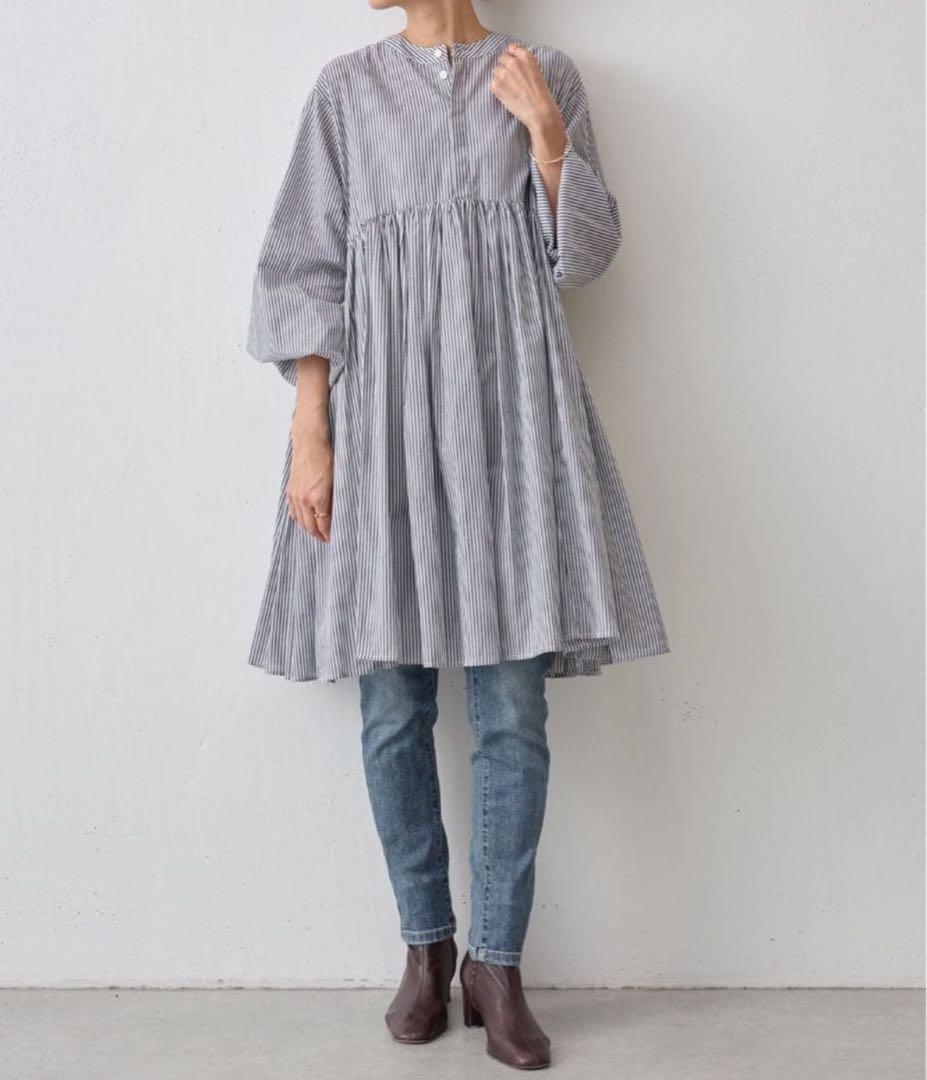 【23SS美品】BEARDSLEY 先染めギャザーチュニックワンピースストライプ