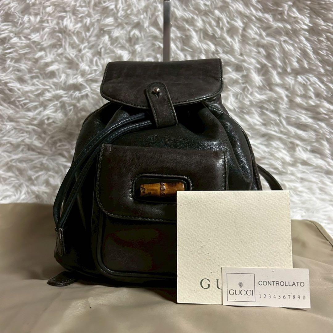 【】グッチ バンブー レザー 巾着 ミニ リュック かばん バッグ ヴィンテージ