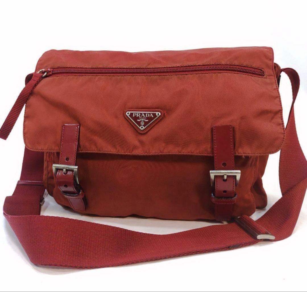 プラダ メッセンジャーバッグ ショルダーバッグ レザー×ナイロン 赤