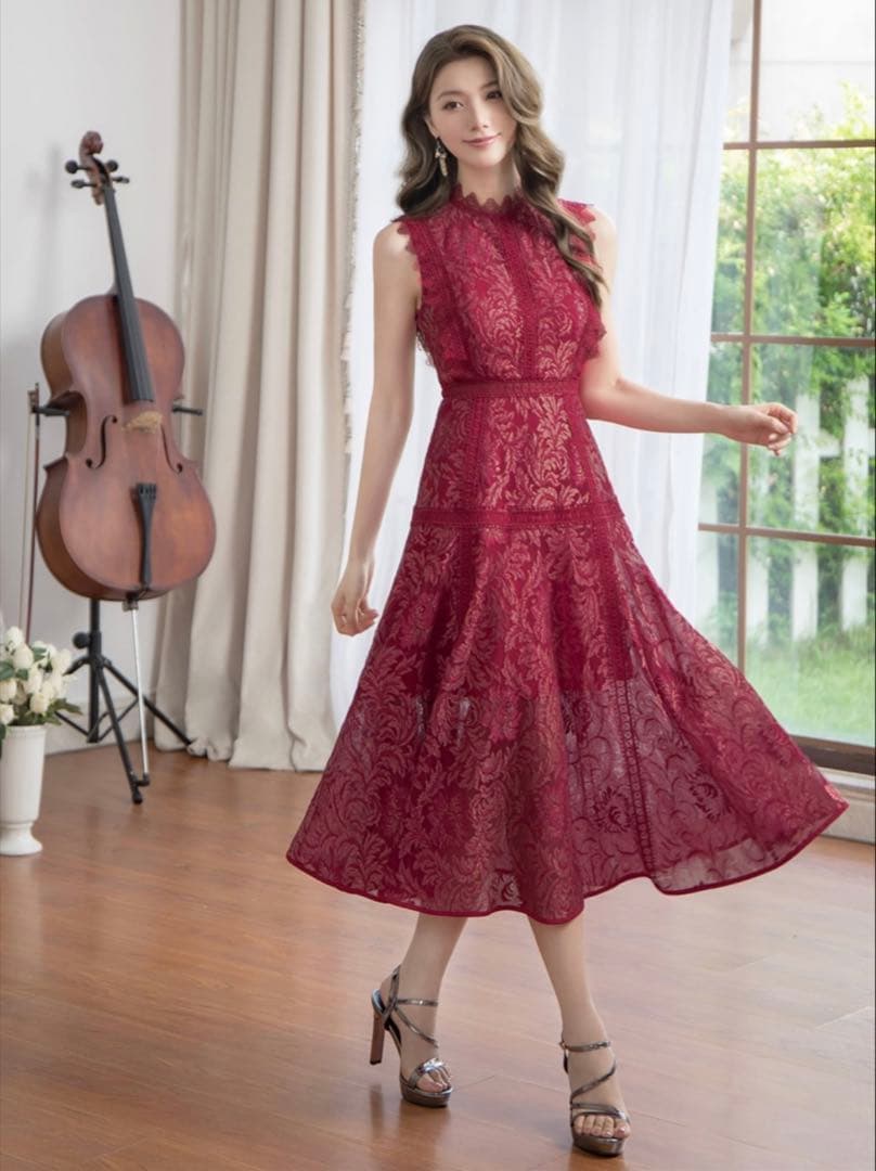ERUKEI ワインレッド レースドレス ミディアムドレス ナイトドレス