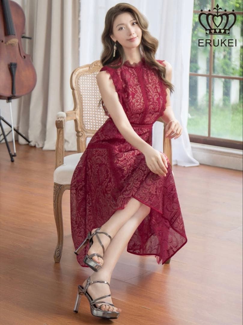 ERUKEI ワインレッド レースドレス ミディアムドレス ナイトドレス