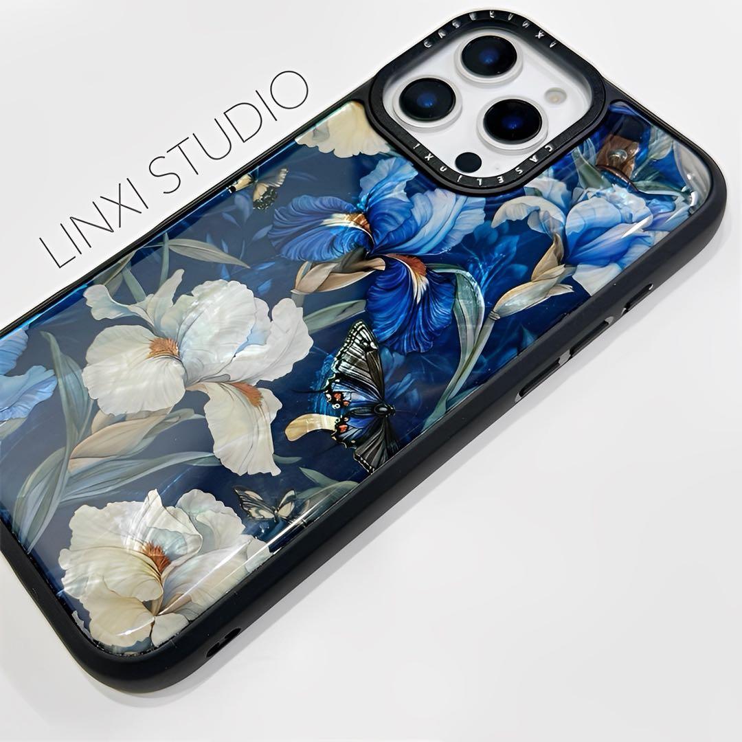 天然シェル♡キラキラ アイリス柄 ブルー オリジナルiPhoneケース フラワー