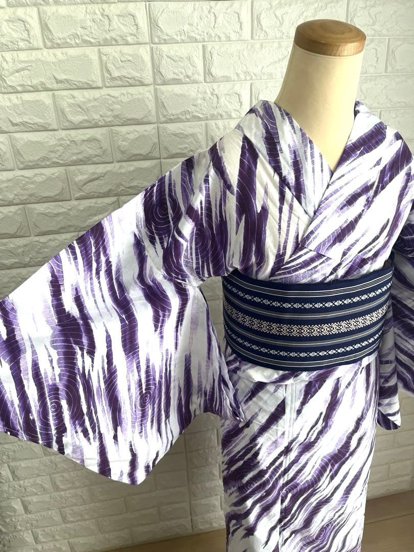 【新品未使用】浴衣 単衣着物 普段着物 モダン柄 紫白 トールサイズ 裄長