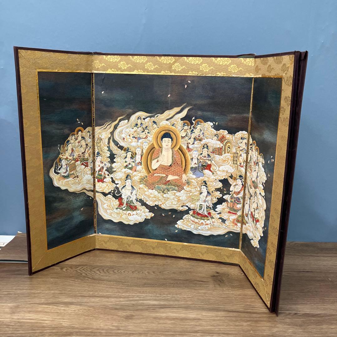 昭和レトロ 仏教美術 阿弥陀二十五菩薩来迎図 三つ折り屏風 金彩 縁起物
