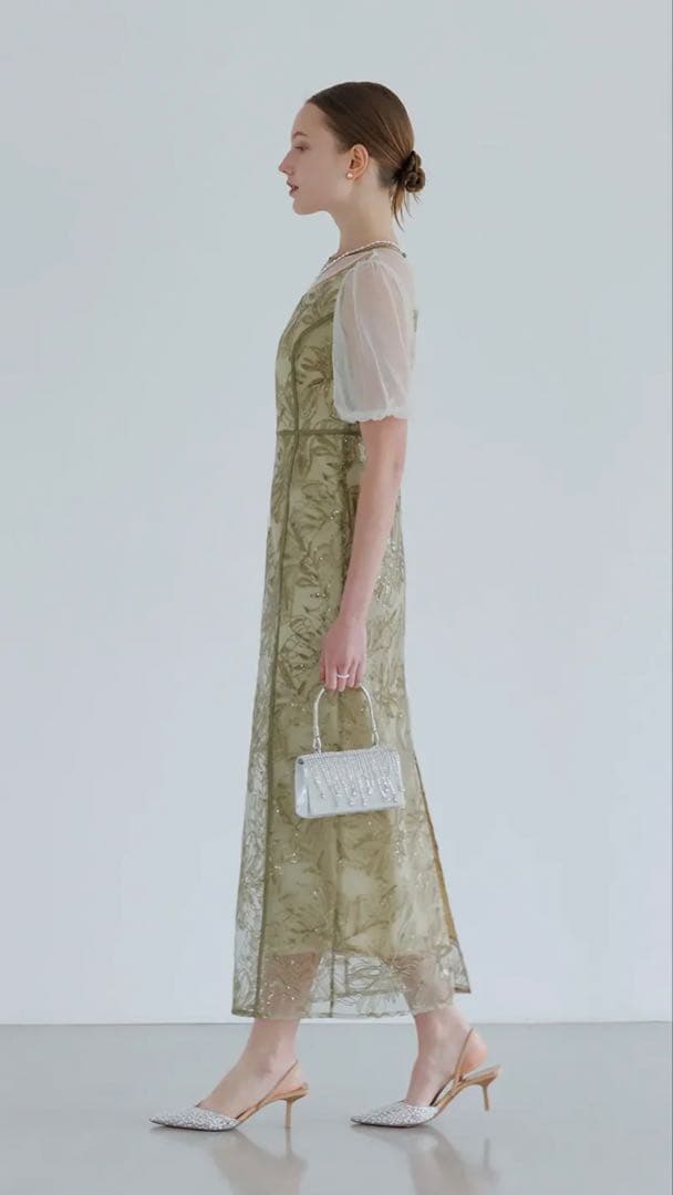 【LEJA】アシンメトリーシアーフラワードレスワンピース 結婚式 ドレス　S