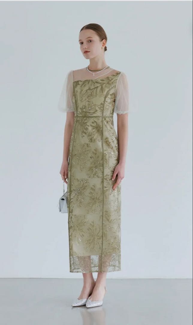 【LEJA】アシンメトリーシアーフラワードレスワンピース 結婚式 ドレス　S