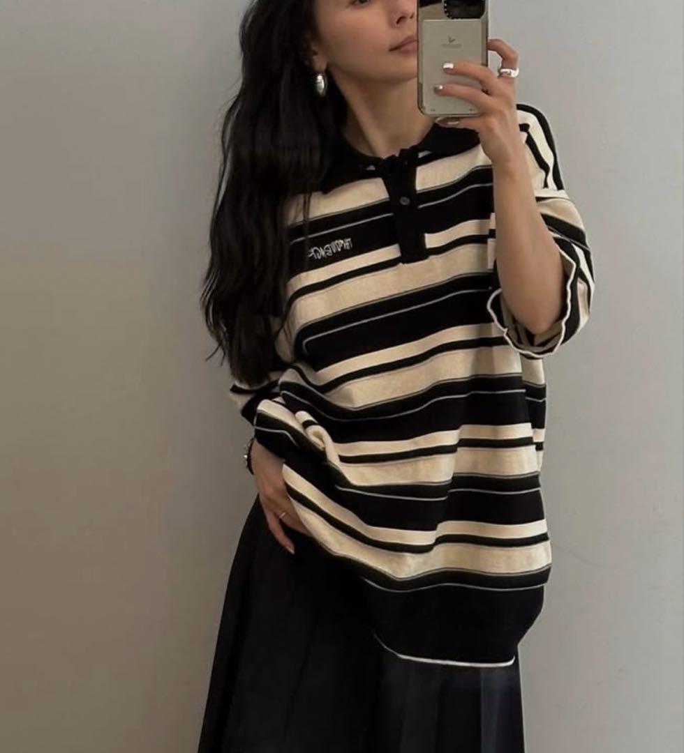 こ*ま様 MULTI BORDER LOGO KNIT POLO TOP ブラッ