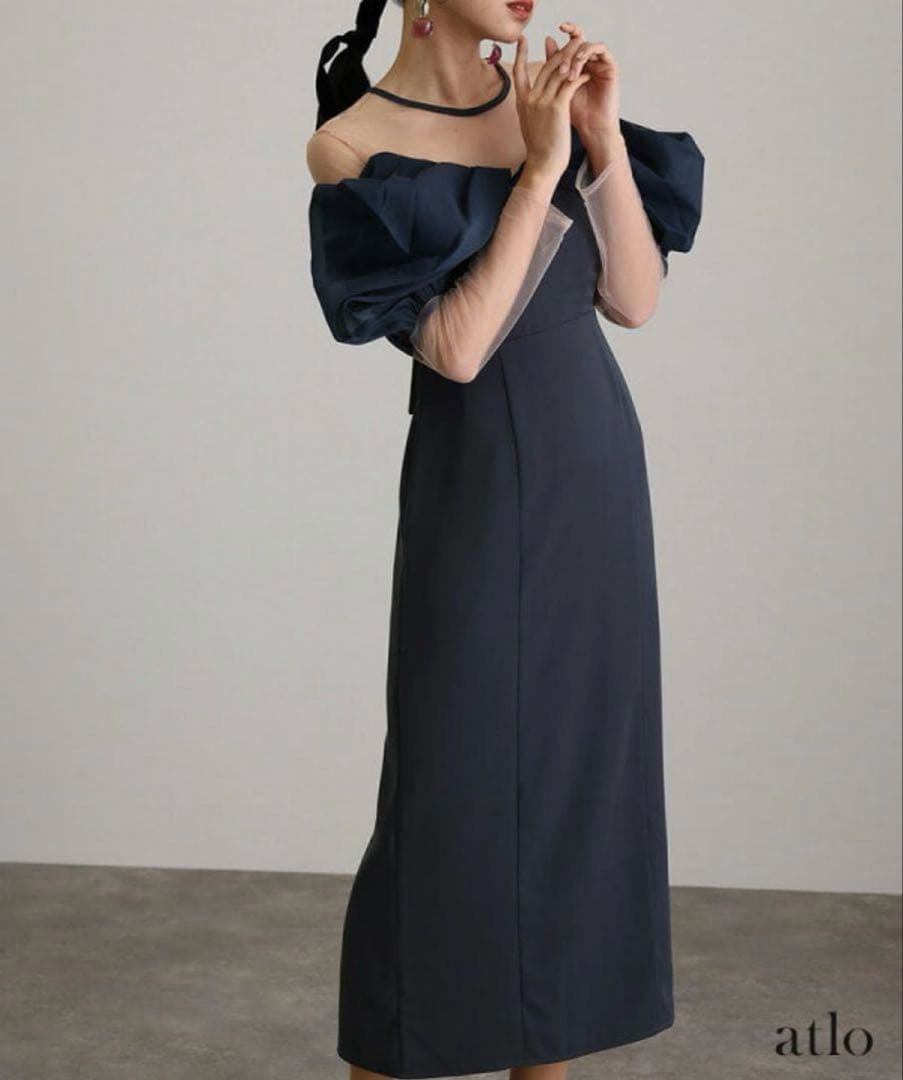ネイビー オフショルダー フリルドレス　オケージョンドレス【値引き】