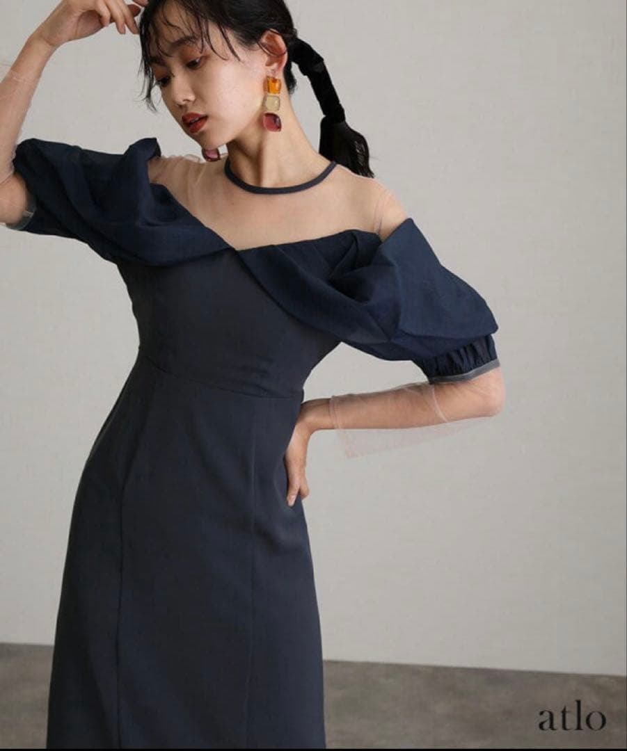 ネイビー オフショルダー フリルドレス　オケージョンドレス【値引き】