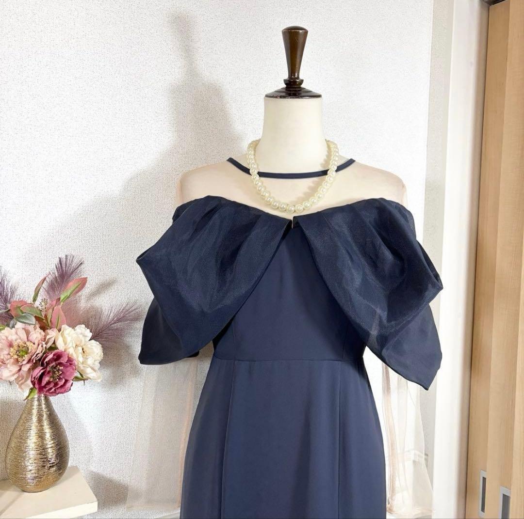 ネイビー オフショルダー フリルドレス　オケージョンドレス【値引き】