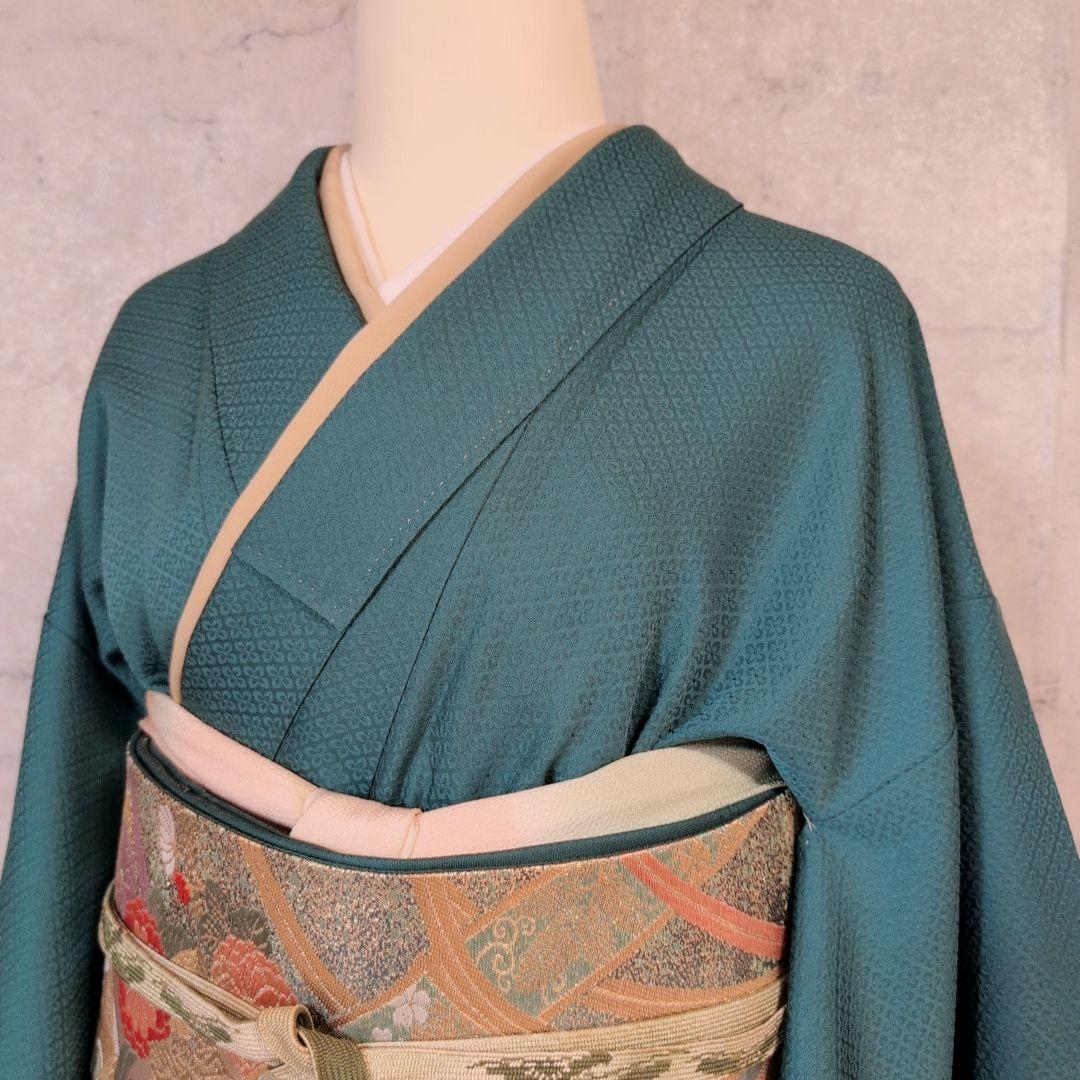 色無地＋長襦袢　着物　フルセット　正絹　比翼仕立て　青緑　O1