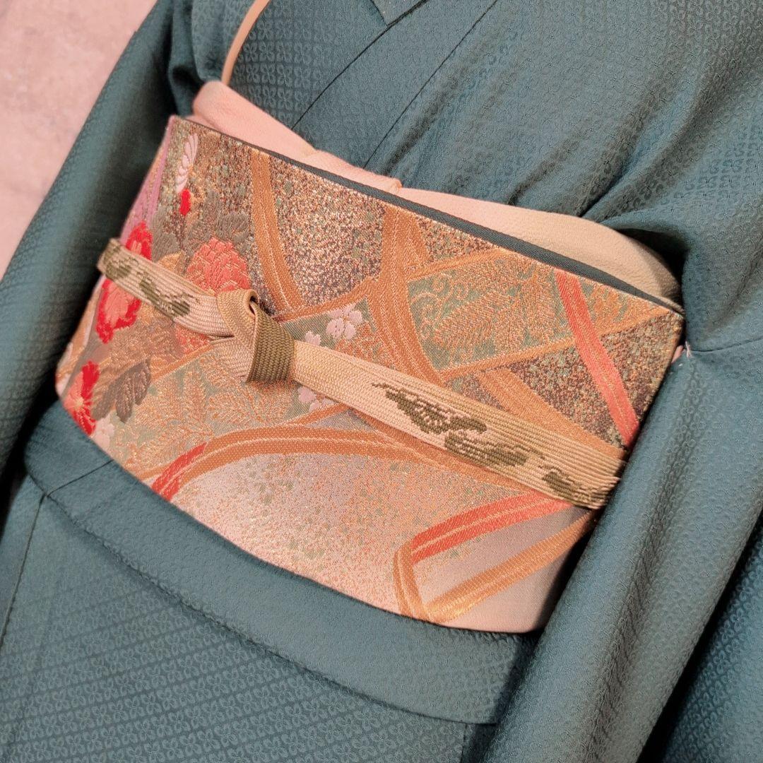 色無地＋長襦袢　着物　フルセット　正絹　比翼仕立て　青緑　O1