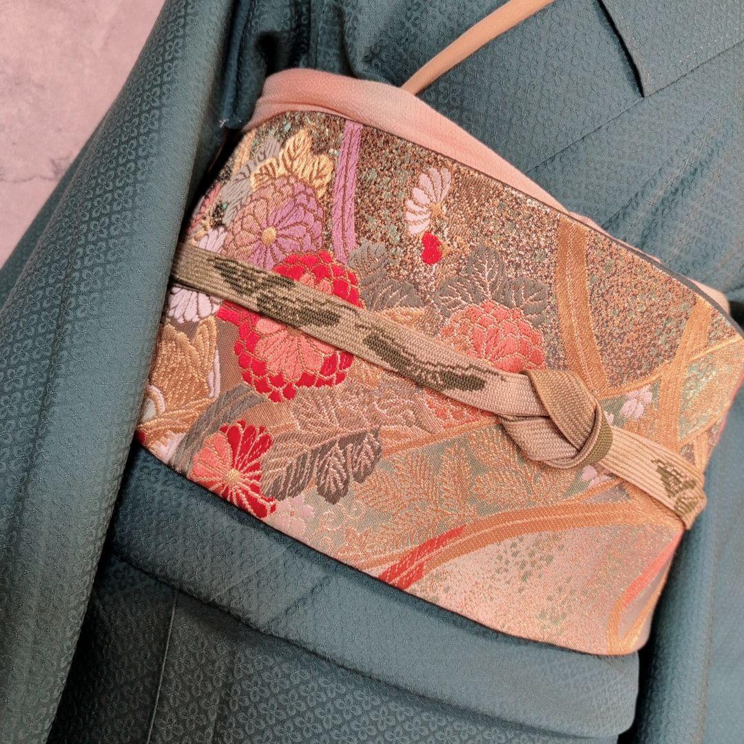 色無地＋長襦袢　着物　フルセット　正絹　比翼仕立て　青緑　O1