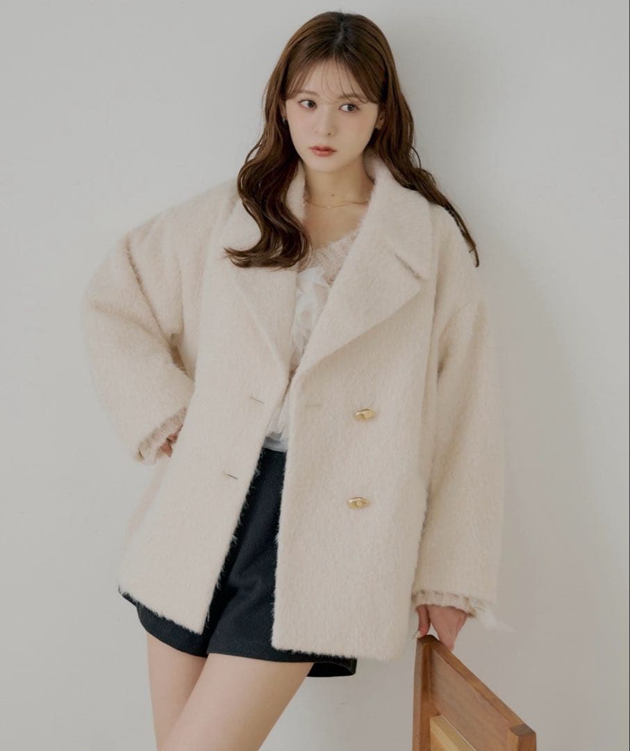 Chico 金ボタンシャギーミディジャケットコート アイボリー