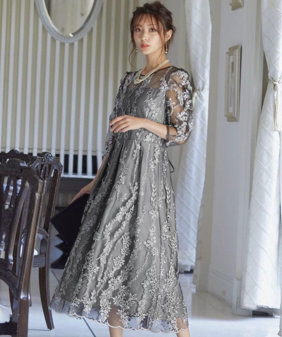 niana ニアナ 刺繍レース バックリボン パーティードレス ブラックM結婚式