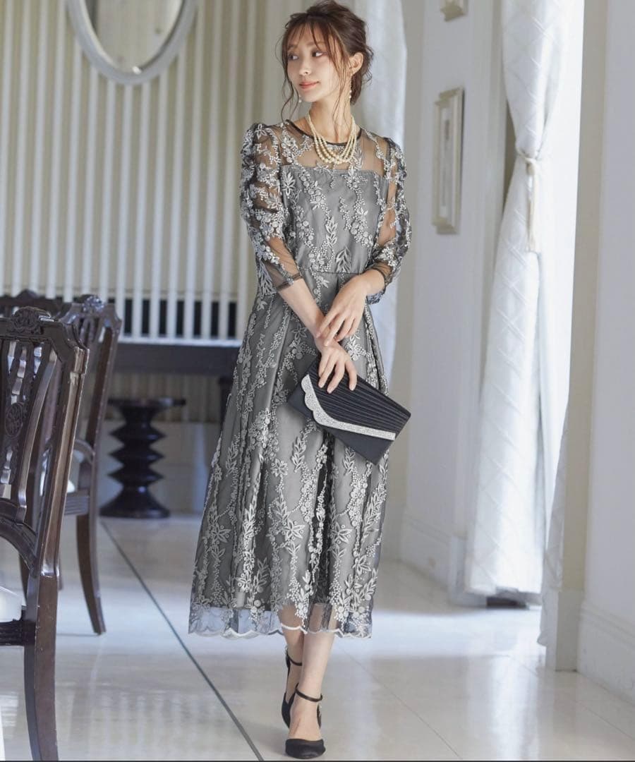 niana ニアナ 刺繍レース バックリボン パーティードレス ブラックM結婚式