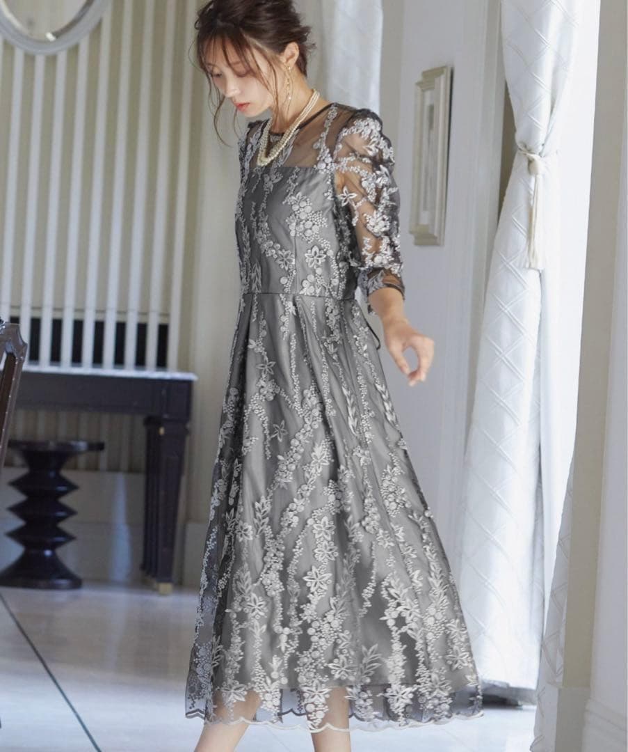 niana ニアナ 刺繍レース バックリボン パーティードレス ブラックM結婚式