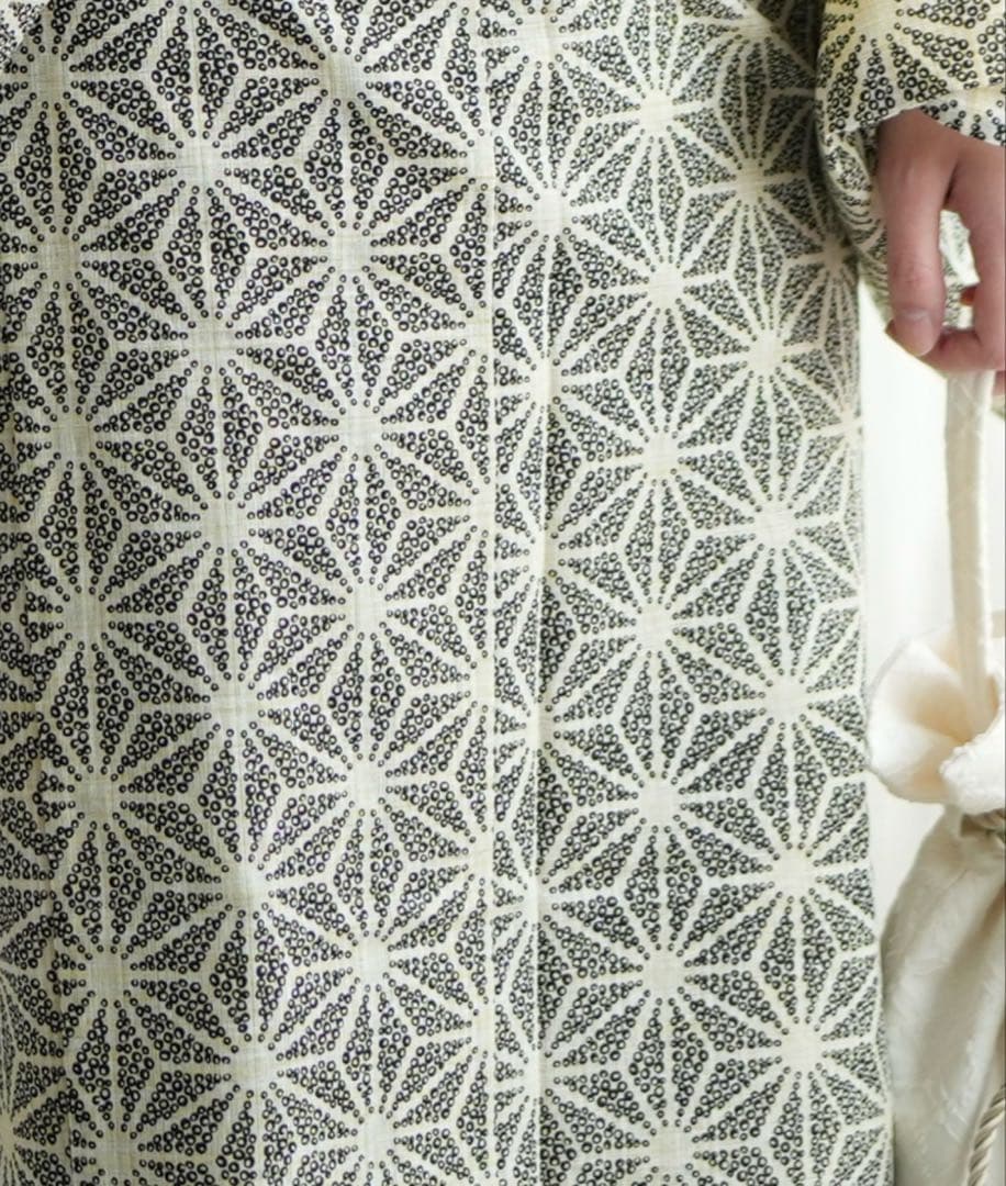 utatane 浴衣3点セット 綿麻 モノクロ点描麻の葉