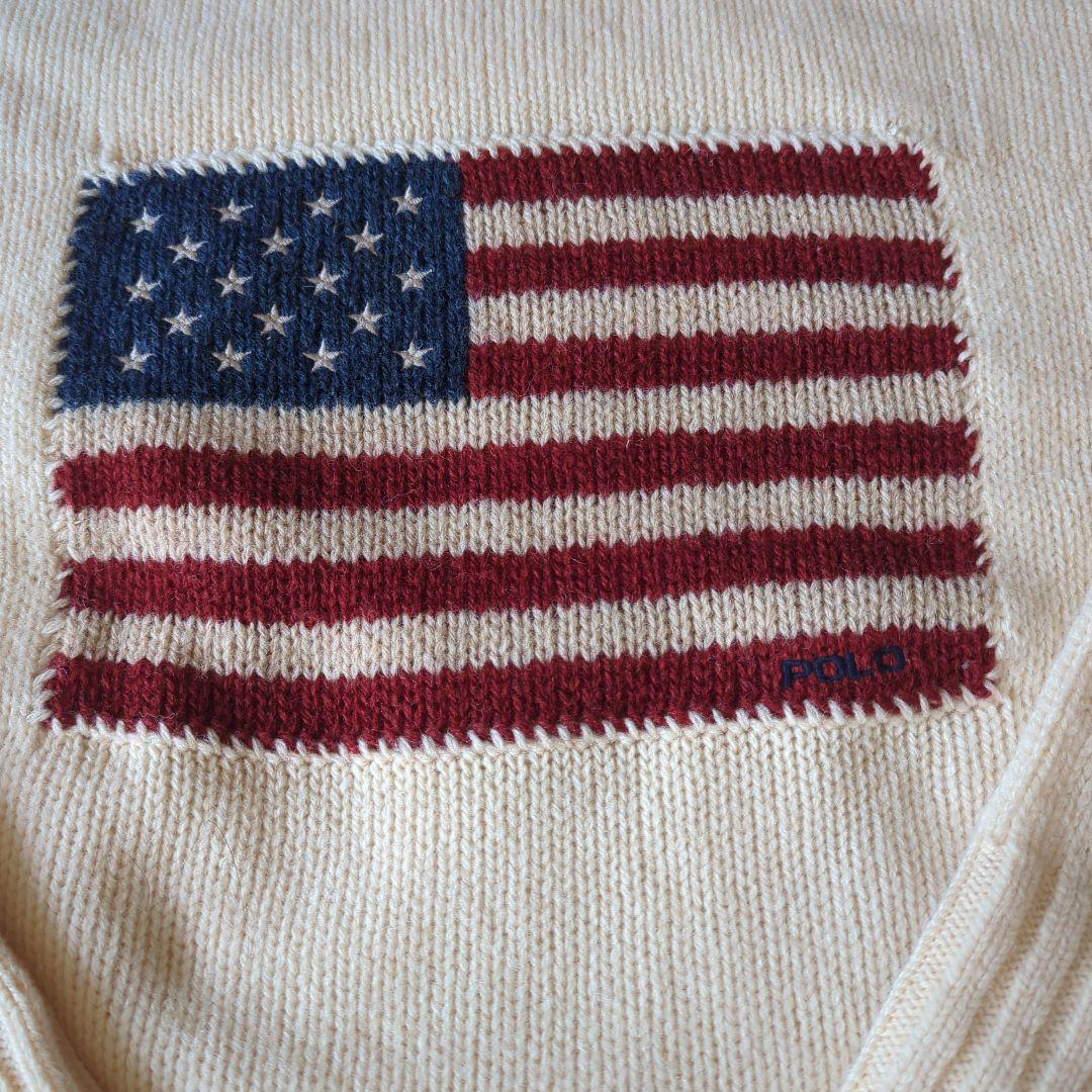 ラルフローレン　ウール１００％　ニット　セーター　アイボリー　星条旗柄　美品