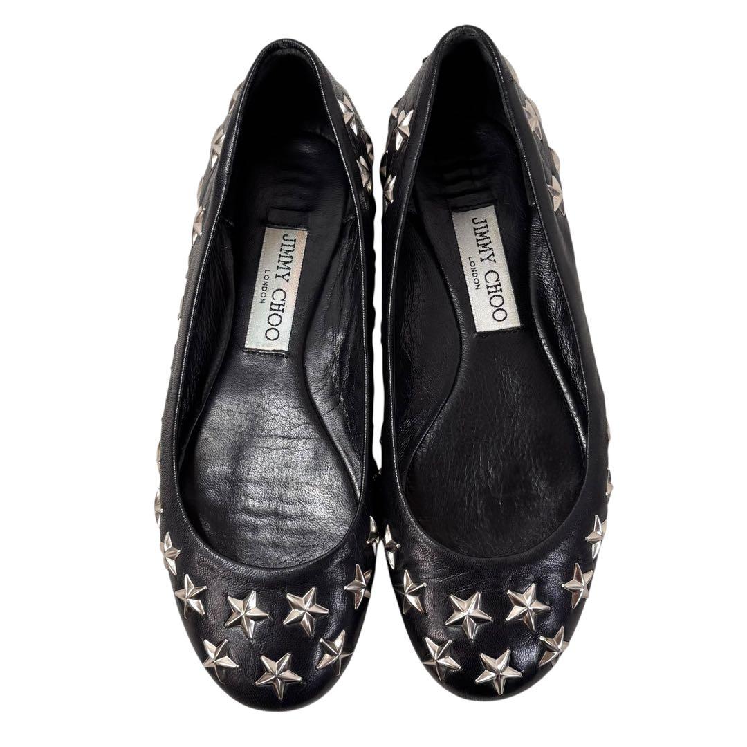 美品 ジミーチュウ 36 23 フラットパンプス スター スタッズ ブラック 黒