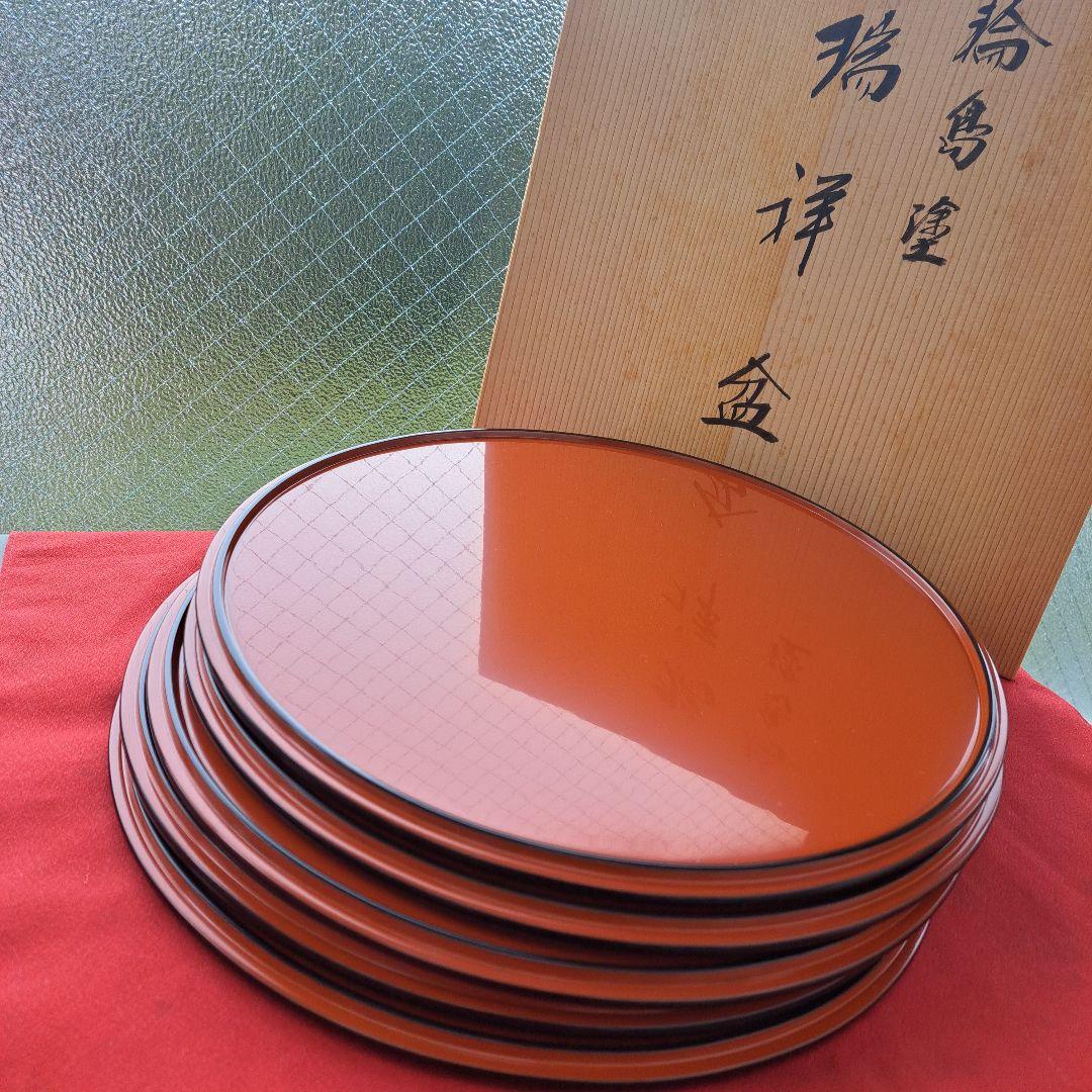 【輪島塗　尺サイズ　瑞祥盆×5客　童唄蒔絵】布着本堅地　作家物　未使用/長期保管