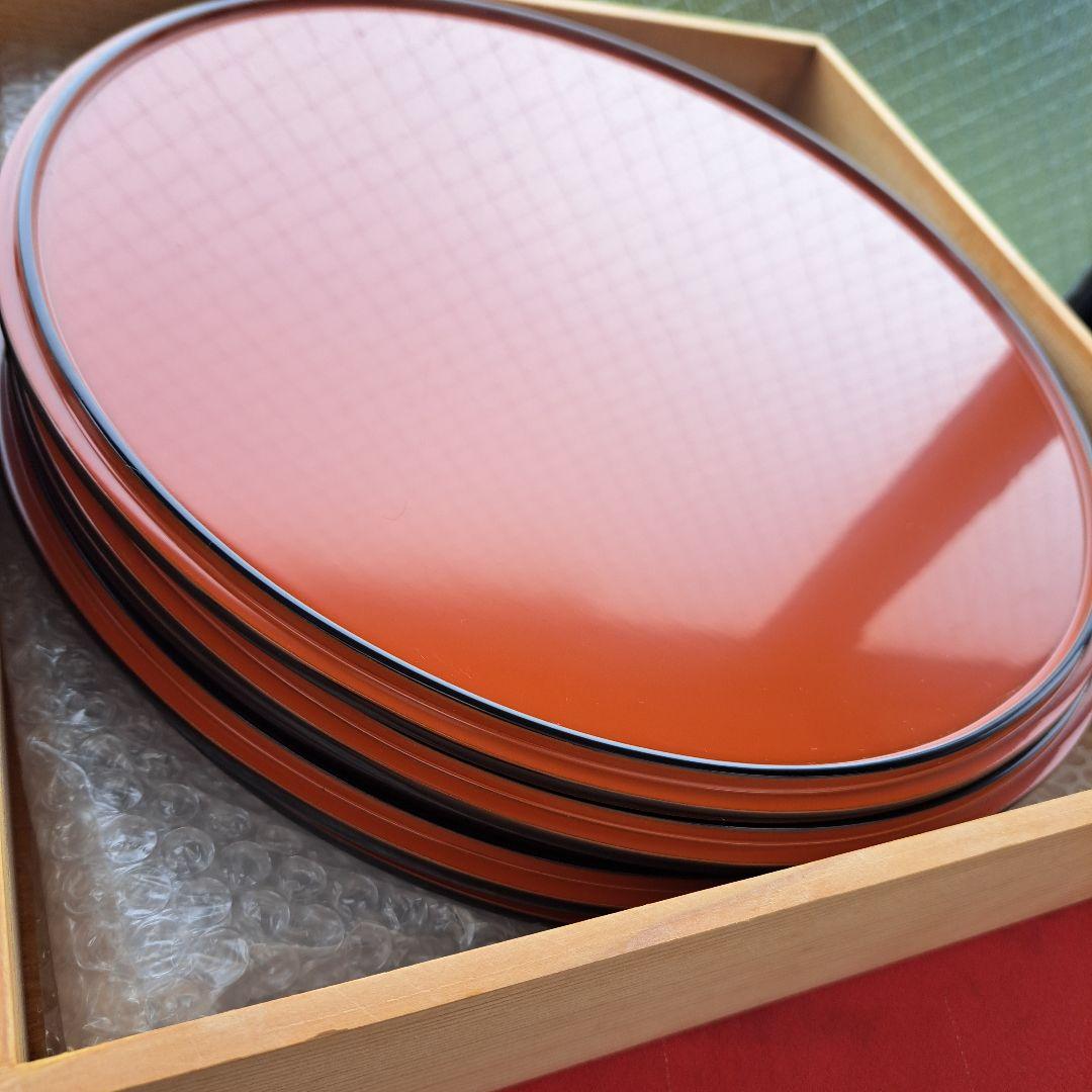 【輪島塗　尺サイズ　瑞祥盆×5客　童唄蒔絵】布着本堅地　作家物　未使用/長期保管