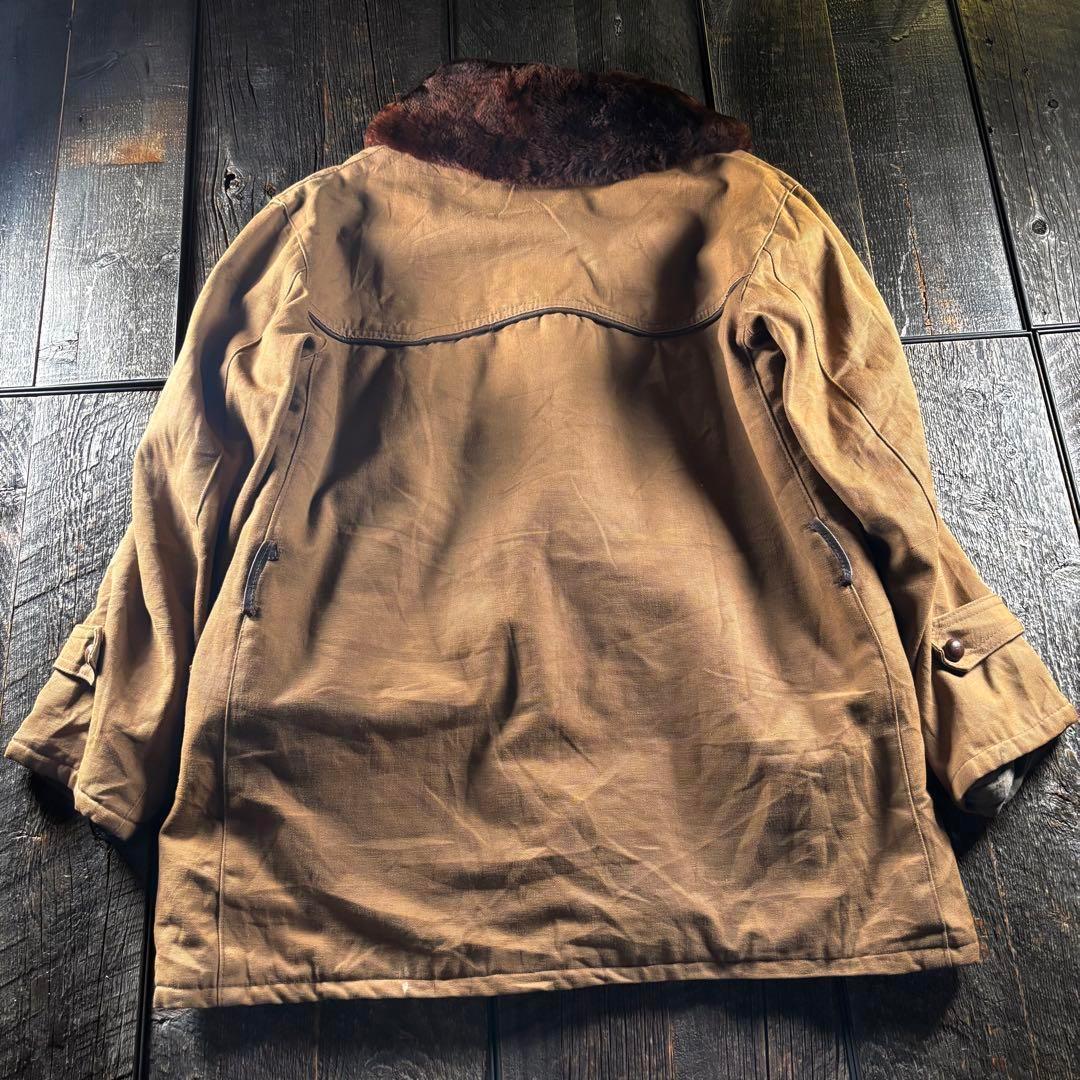 古着　５０s ボアコート　ダック生地　ムートンコート　くるみボタンL ブラウン.