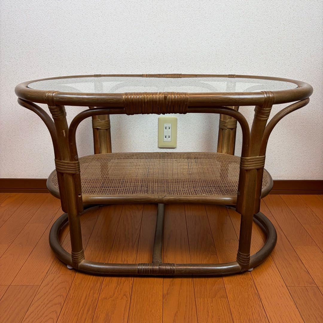 送料無料 ラタン製ガラス天板サイドテーブル アンティーク ヴィンテージ 天然木