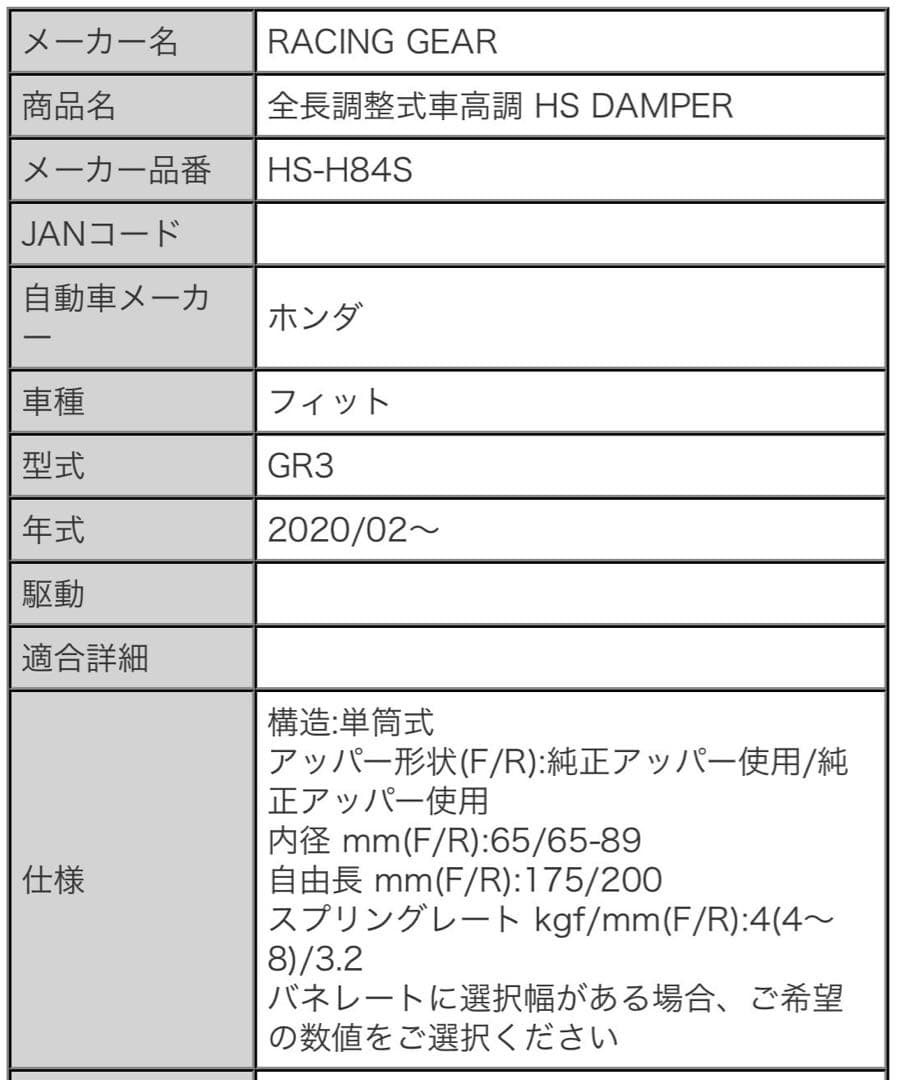 レーシングギアRG GR3フィット用車高調