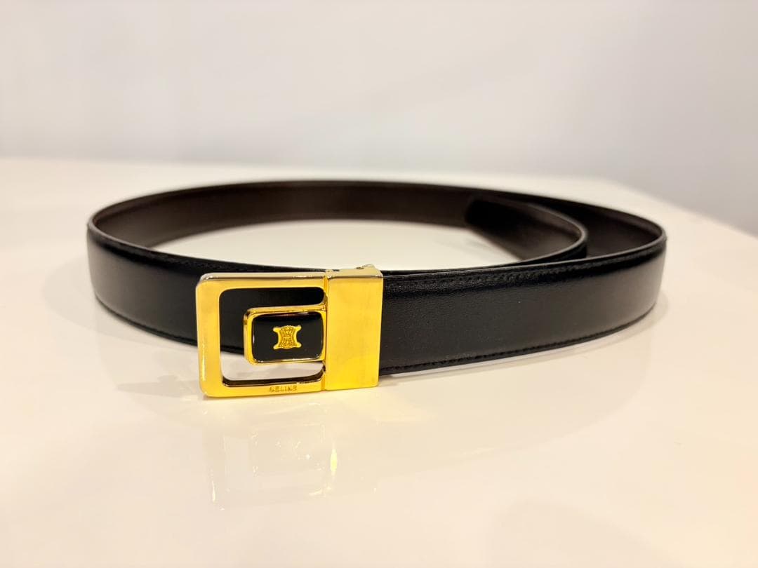 【美品】CELINE セリーヌ マカダム ブラックレザーベルト ゴールドバックル