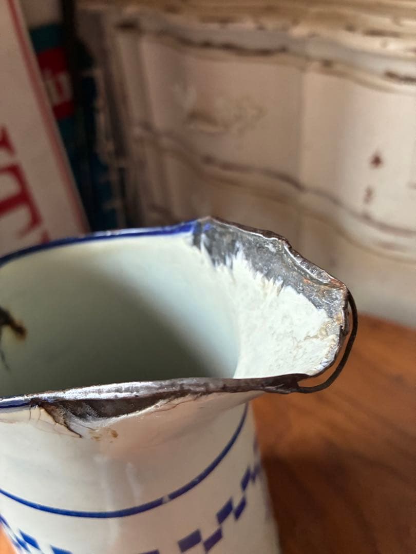 フランス　アンティーク　ホーロー　ジャグ　ピッチャー　水差し　市松　ダミエ