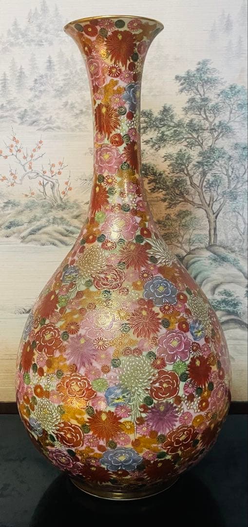 薩摩焼　飾り壺　花瓶　島津家紋入 丸十字　色絵　金彩　高さ46.5㎝ 大型　大壺