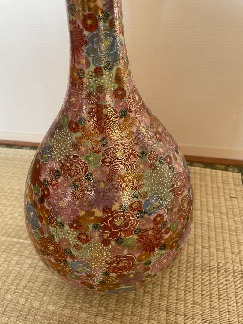 薩摩焼　飾り壺　花瓶　島津家紋入 丸十字　色絵　金彩　高さ46.5㎝ 大型　大壺