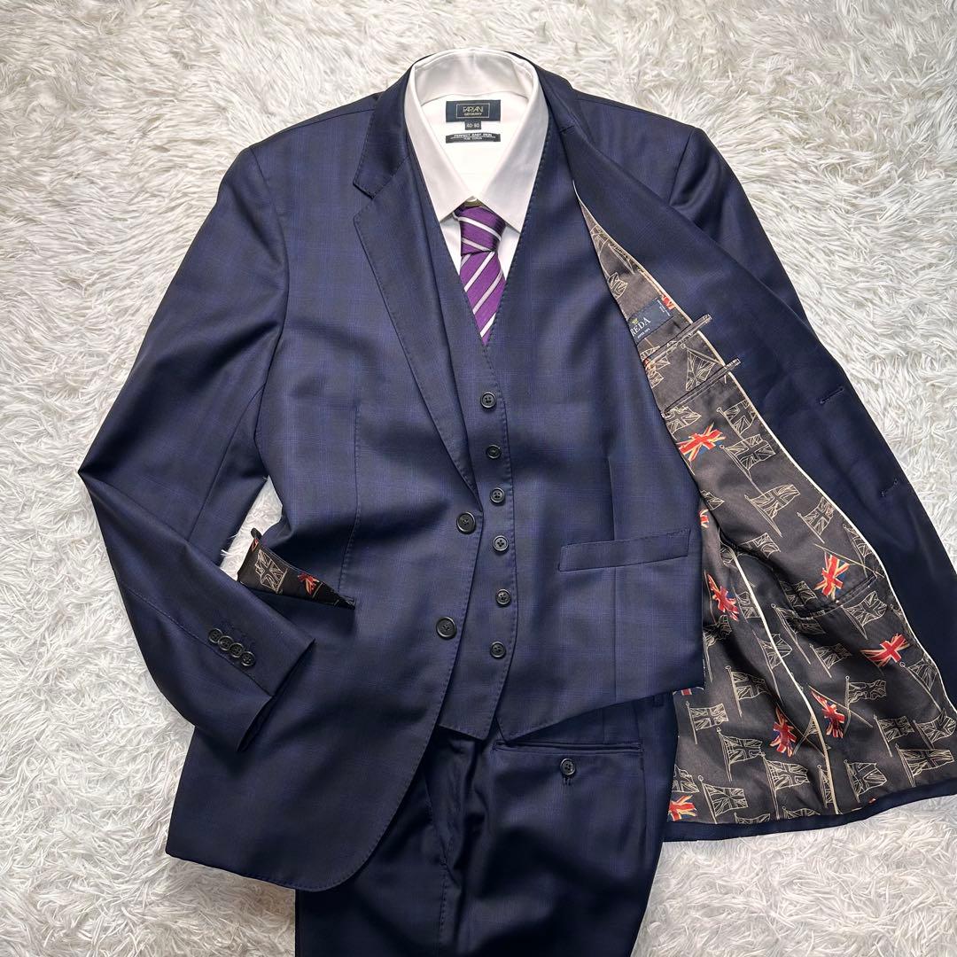 現行 極美品 ポールスミス 国旗柄 光沢 チェック 高級レダ ネイビー L 総裏