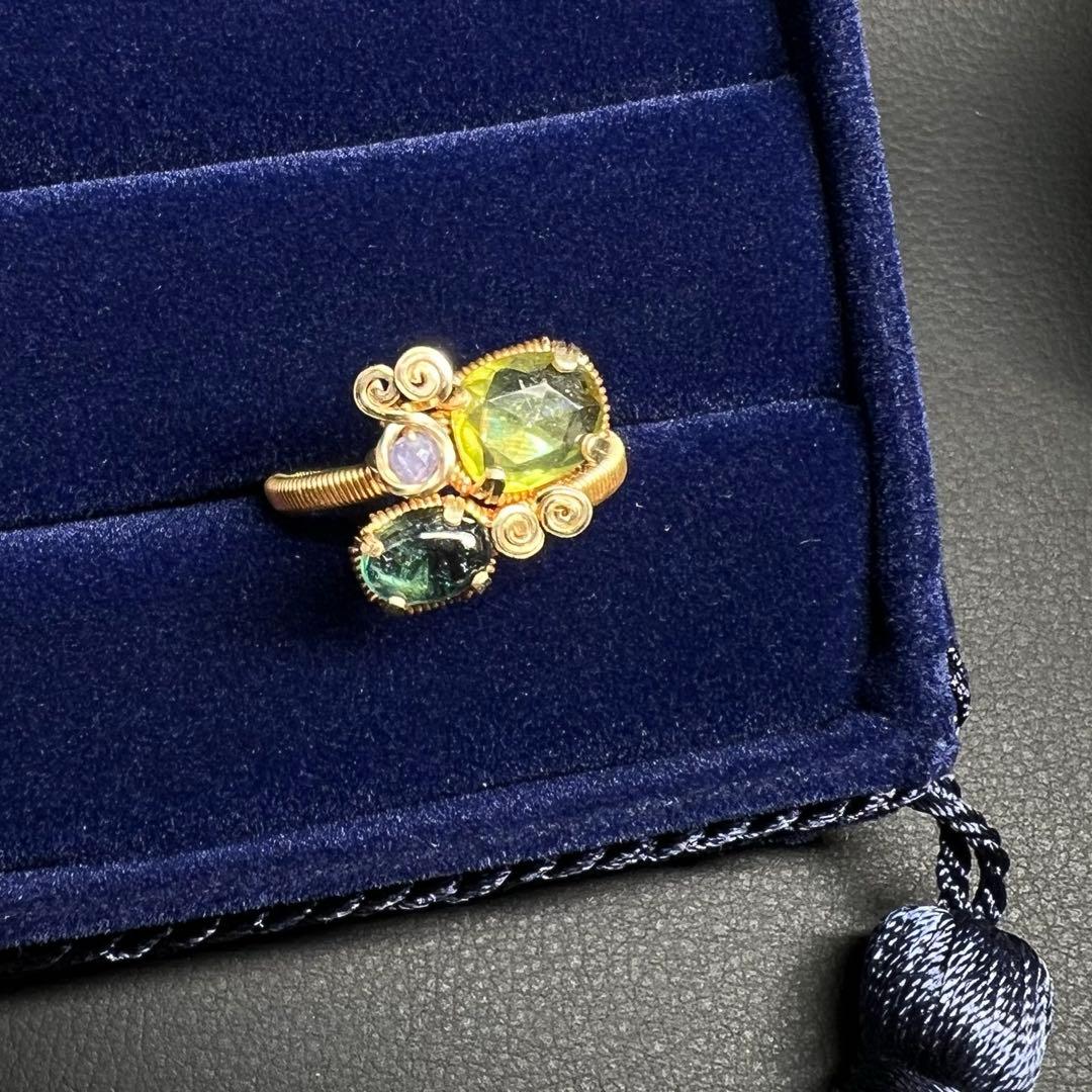 天然石　スフェーン＆ブルートルマリン　ワイヤーラッピング　リング　15号