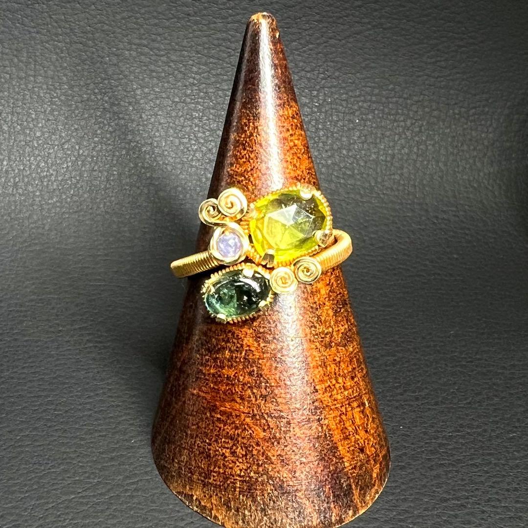 天然石　スフェーン＆ブルートルマリン　ワイヤーラッピング　リング　15号