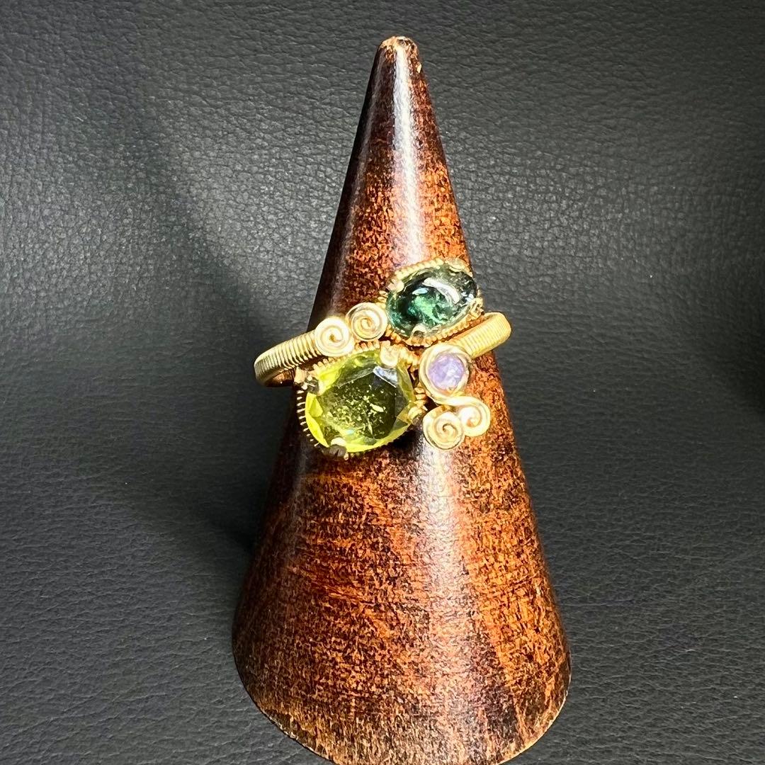 天然石　スフェーン＆ブルートルマリン　ワイヤーラッピング　リング　15号