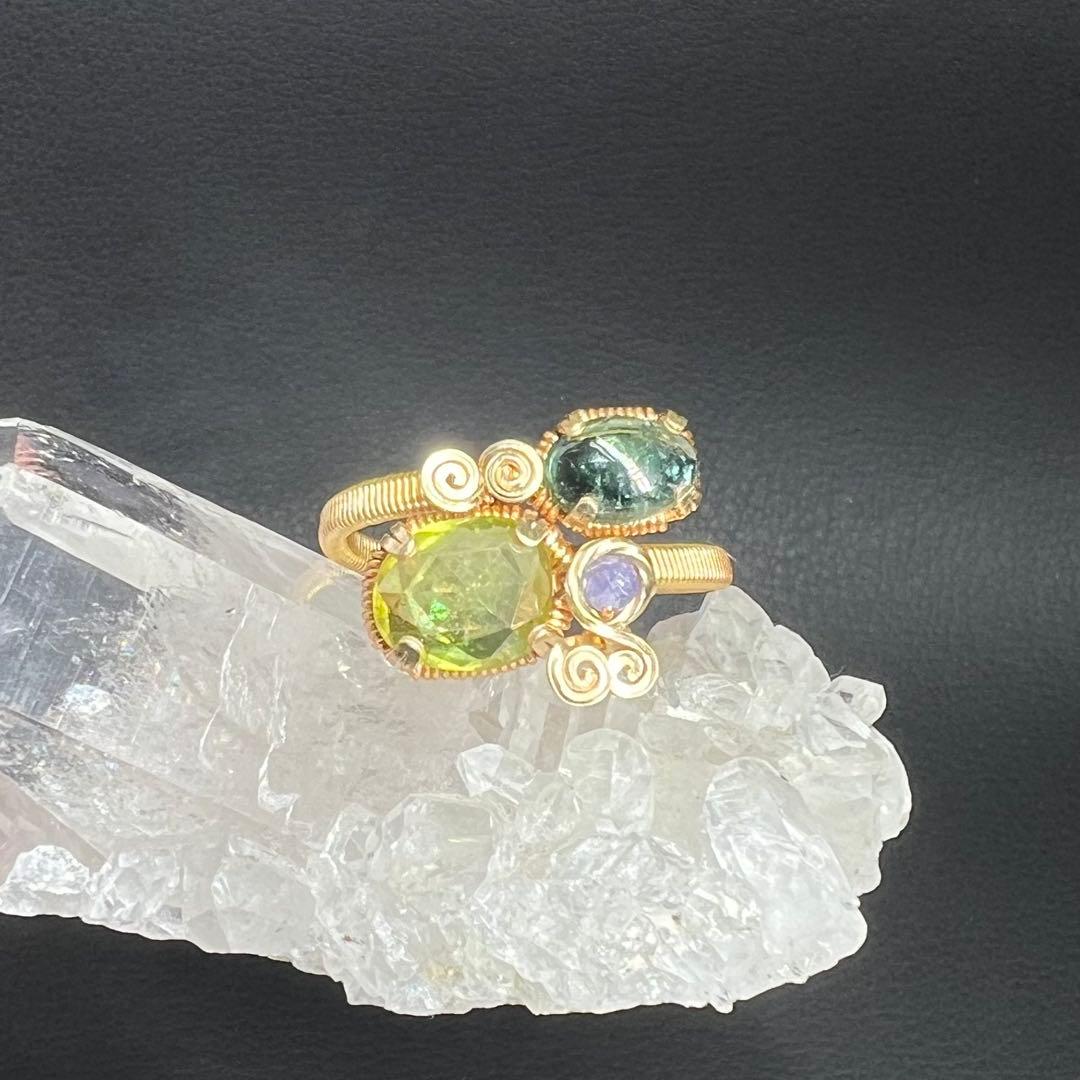 天然石　スフェーン＆ブルートルマリン　ワイヤーラッピング　リング　15号