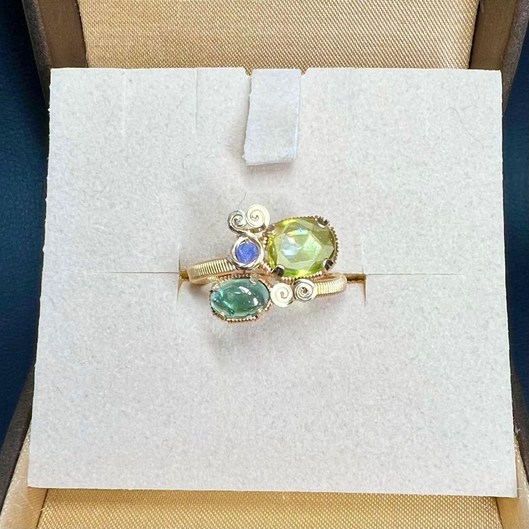 天然石　スフェーン＆ブルートルマリン　ワイヤーラッピング　リング　15号