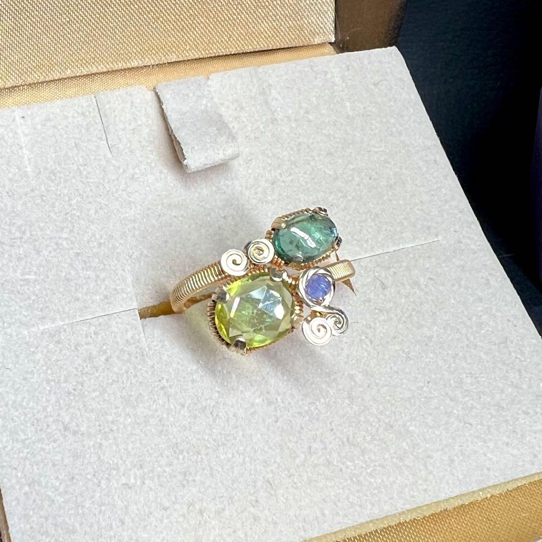 天然石　スフェーン＆ブルートルマリン　ワイヤーラッピング　リング　15号