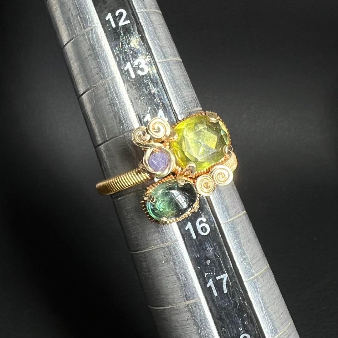 天然石　スフェーン＆ブルートルマリン　ワイヤーラッピング　リング　15号